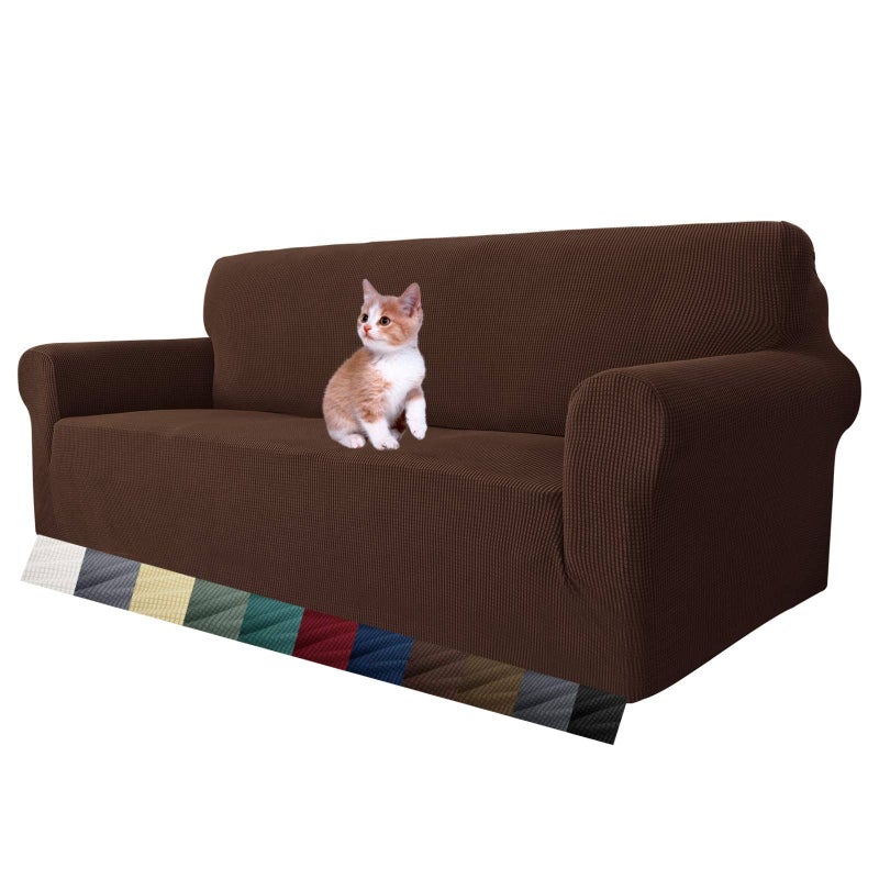 MAXIJIN Super Stretch Couch Cover for 3 Cushion Couch, 1-Piece Universal Sofa Covers Living Room Jacquard Spandex Furniture Protector Dogs Pet Friendly Fitted (Large, Coffee) - Image 1